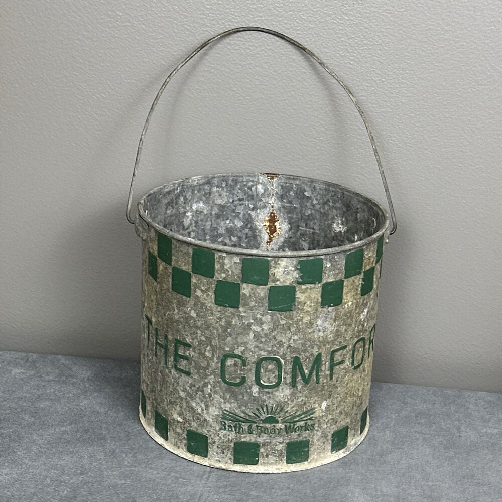 Vintage Bath & Body Works The Comforts Of Home Galvanized Bucket Green Check